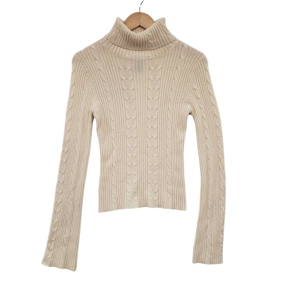 Arizona Jean Co. Cream Cable Knit Turtleneck Sweater Size M Y2K Preppy Layer - Picture 1 of 4